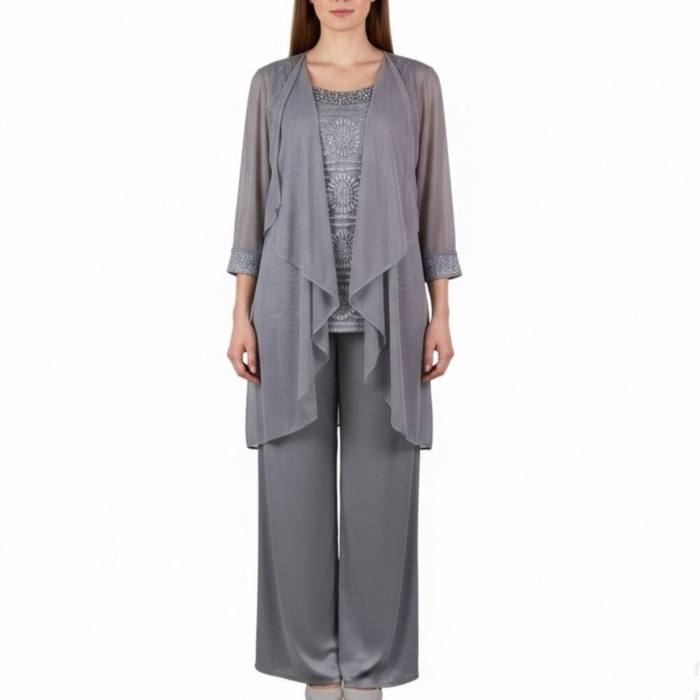 R&M Richards Womens Gray Polyester 3-Piece Jacket Top Pants Set Size 12 Formal W